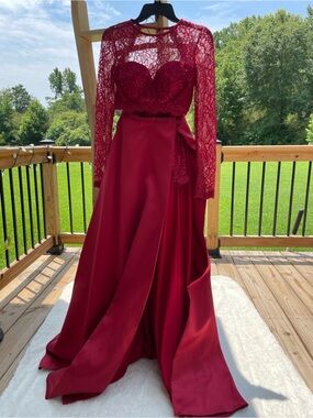 2 Cute Burgundy Lace Long Sleeve Prom Dress